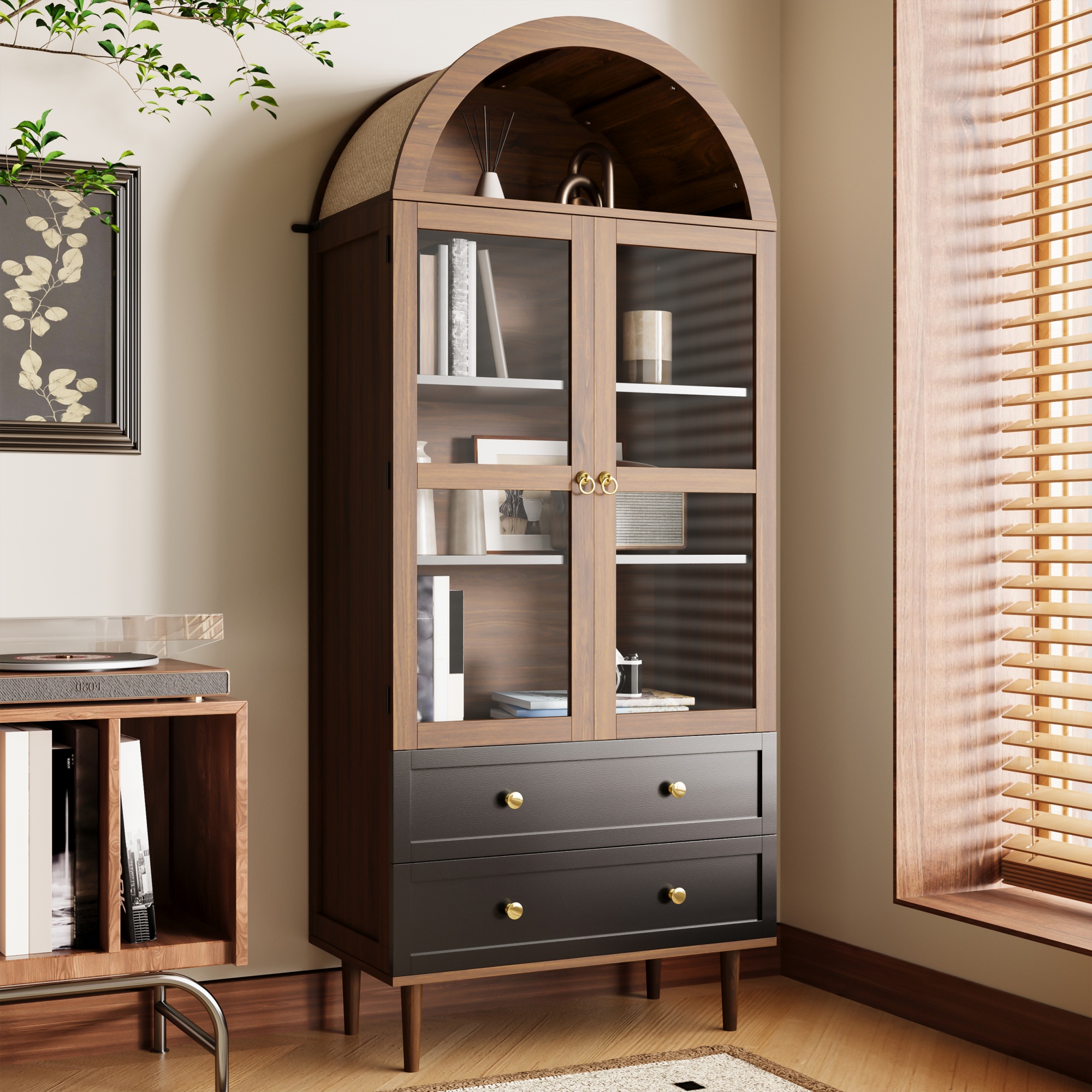 Nowoczesna witryna 70x38x165 cm - 2 szuflady i 2 fronty - z regulowanymi półkami - Zakrzywiony design - MDF - Brązowy