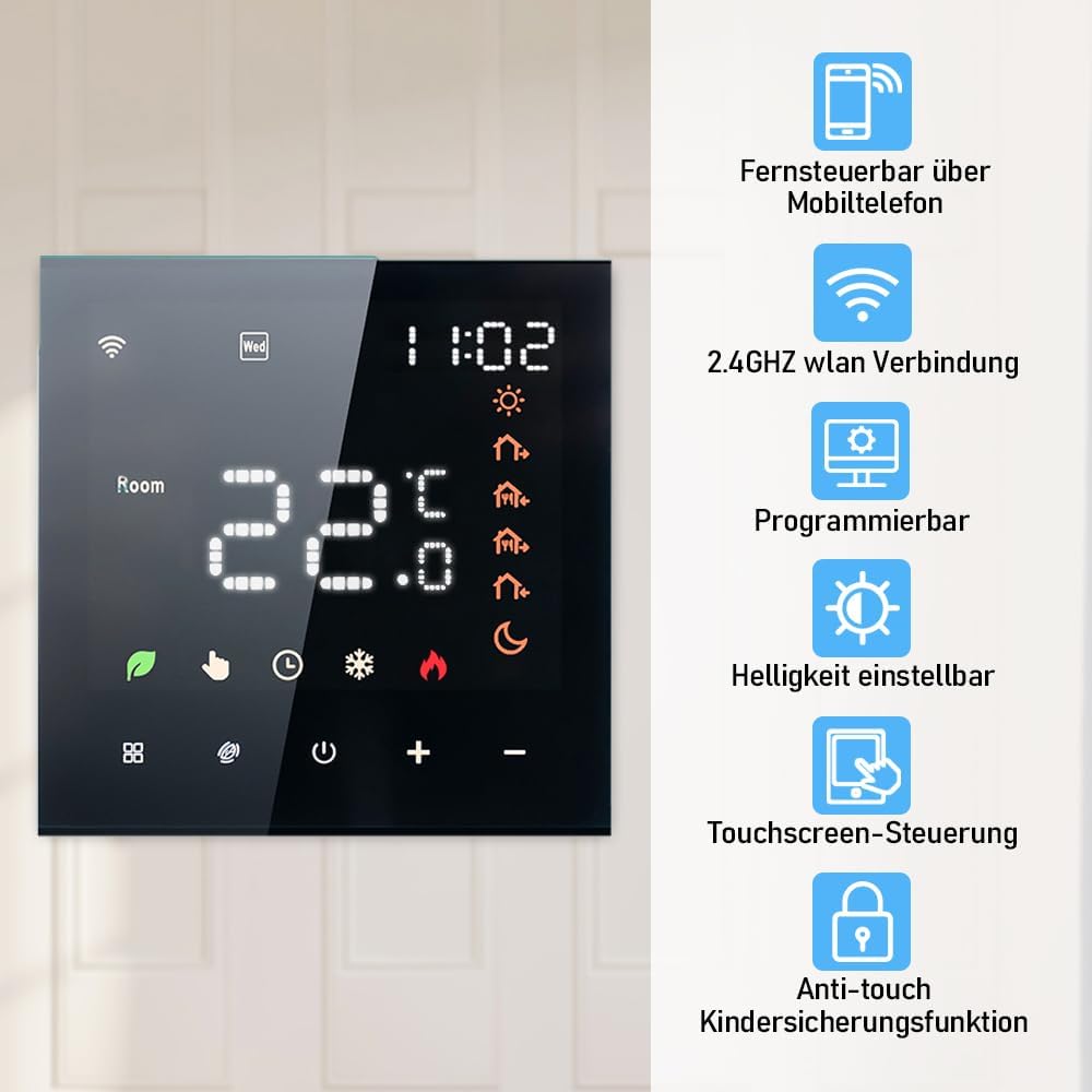 Thermostat de radiateur électrique intelligent noir, thermostat programmable Wi-Fi, montage mural, 16 A, télécommande Tuya - 3