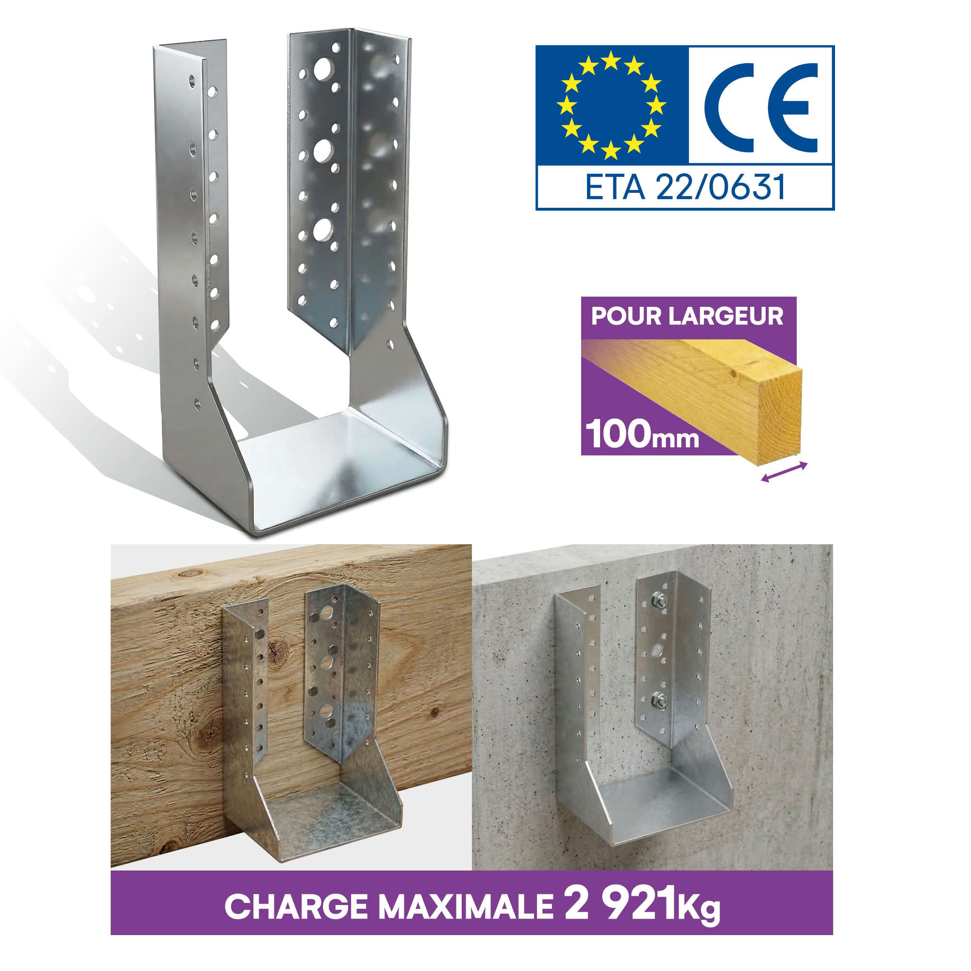 10 sabots de charpente à ailes intérieures - Larg. 100 x Ht. 202 mm - Connecteurs de poutres - Acier galva - Fabriqué en Europe - 3