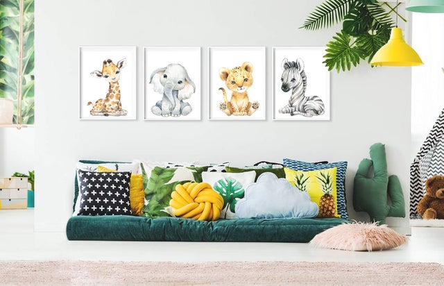 Lot de 4 Affiches Chambre Bébé - Format A4 Tigre & Girafe Zèbre, 21*30cm.