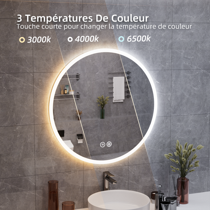 Specchio Rotondo Con Luce LED 50cm Per Bagno - 3 Temperature Colore, Dimmerabile, Touch E Interruttore A Parete, Antispecchio, IP44, Memoria