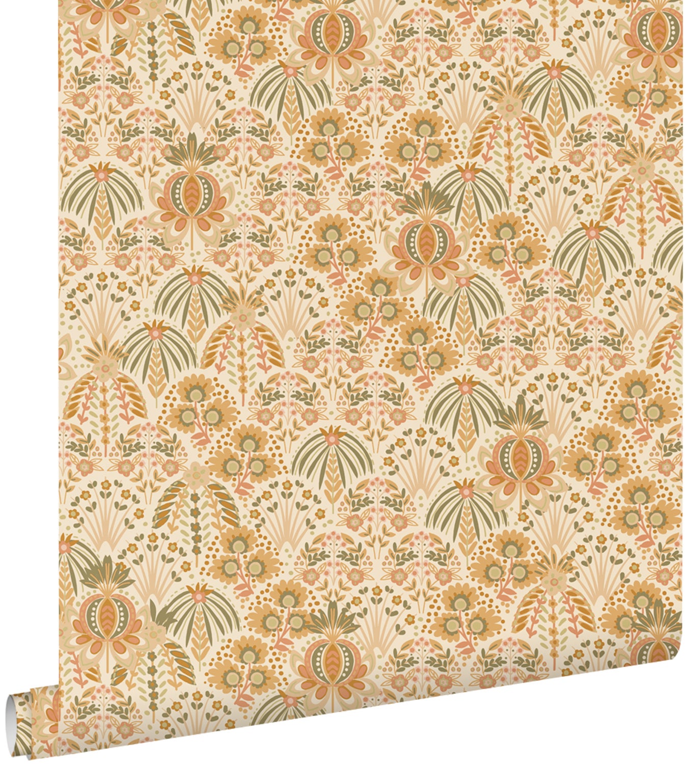 Tapeta vintage kwiaty w stylu secesyjnym pomarańczowymIochry żółtej - 50 x 900 cm - ESTAHOME