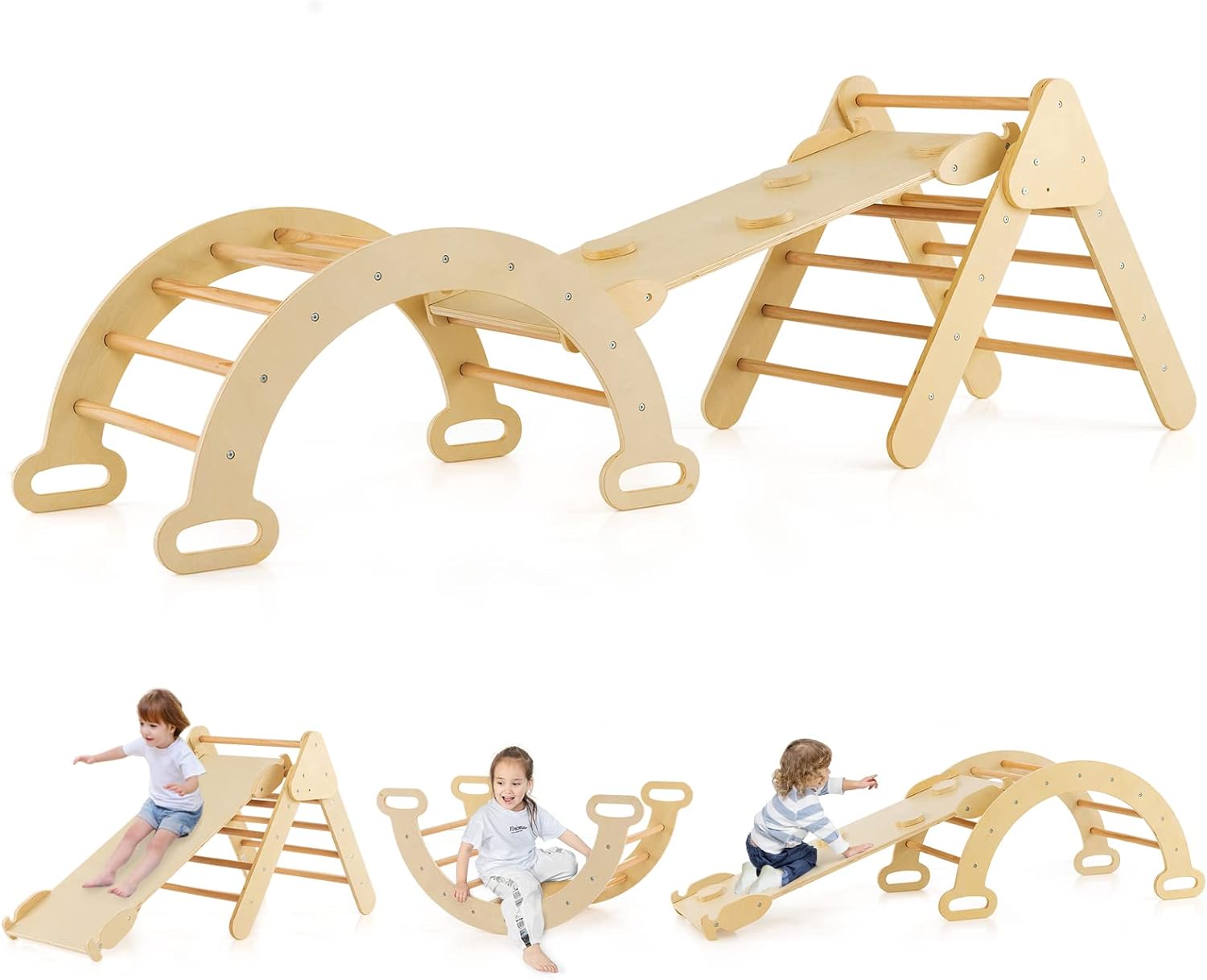 Triangle D'Escalade Montessori Pliable Avec Rampe - Bois Naturel - Charge 50 Kg - Aire De Jeux Intérieur Bébé +1 An