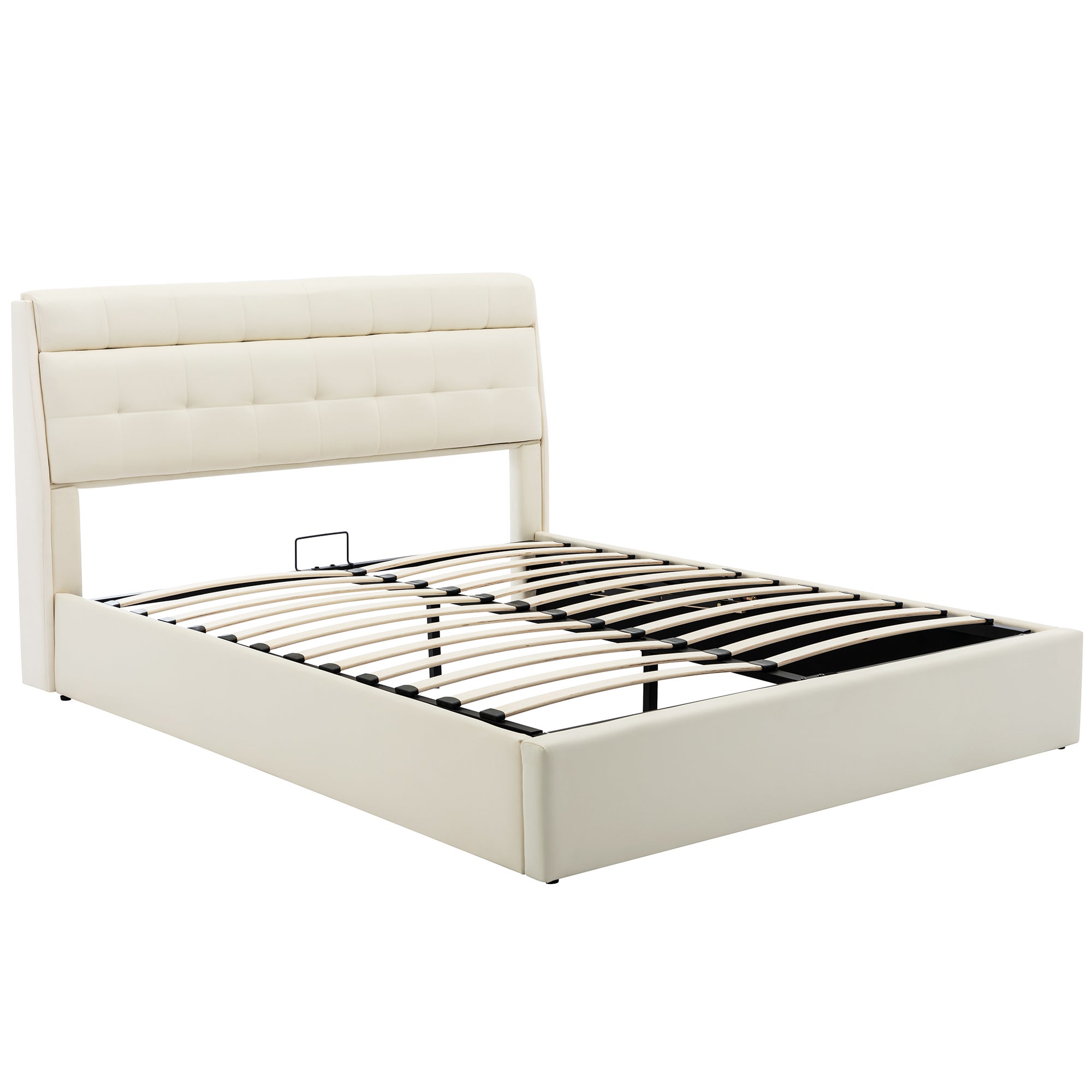 Elegante cama con almacenaje 160 x 200 cm - Estante oculto en el cabecero - Polipiel - Somier de láminas - Blanco - 9