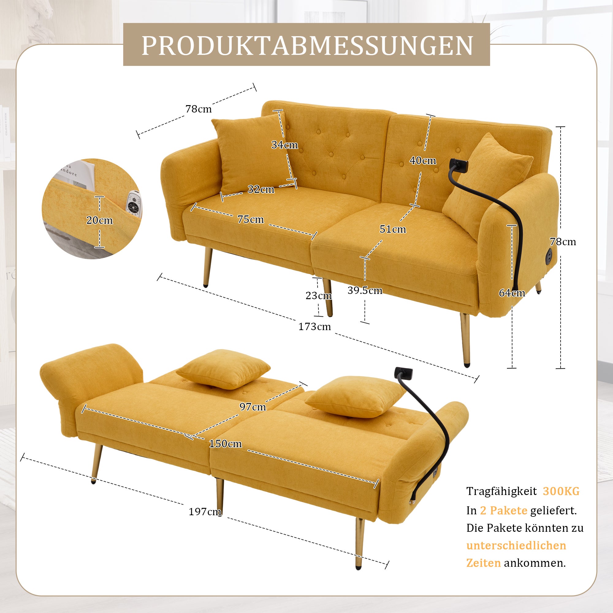 Canapé convertible - Dossier réglable et ports USB - 2 places - Chenille - Jaune (173x78x78cm) - 2