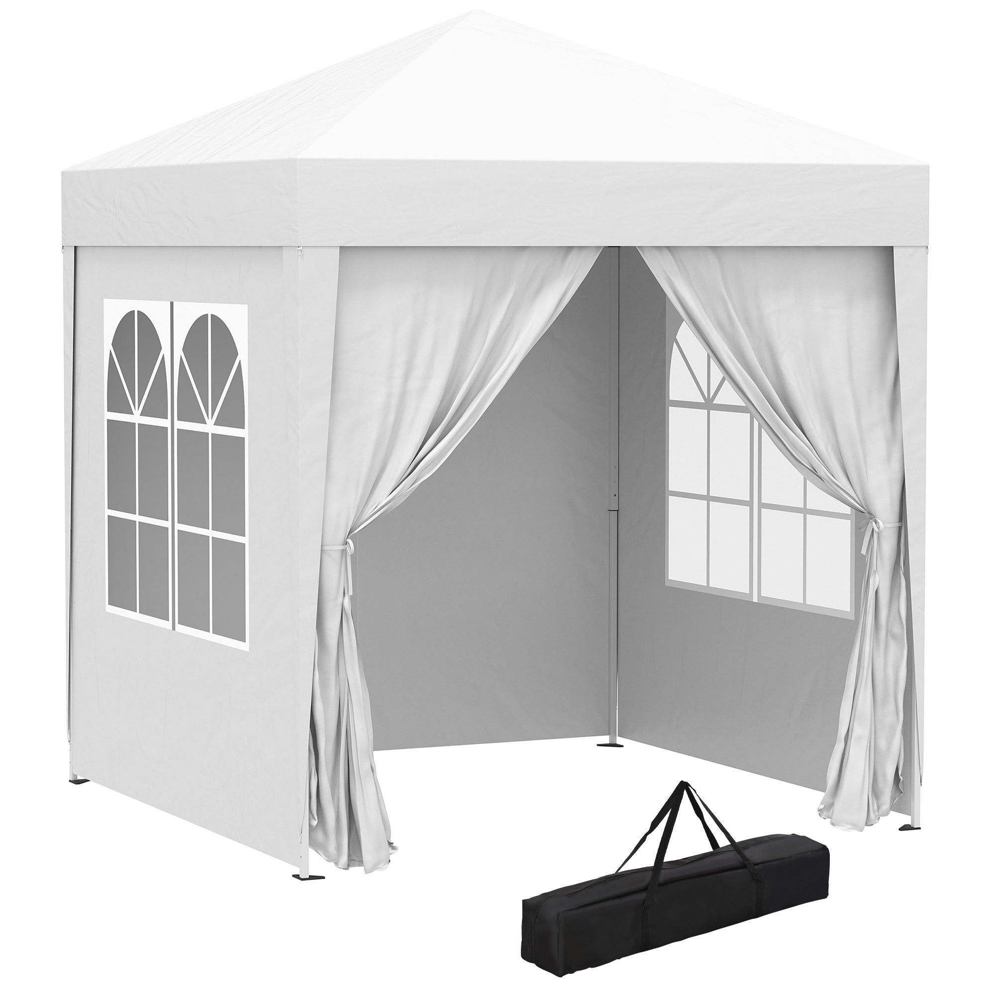 Cenador plegable desplegable de 2x2 m con 4 paredes desmontables en poliéster y acero, color blanco.