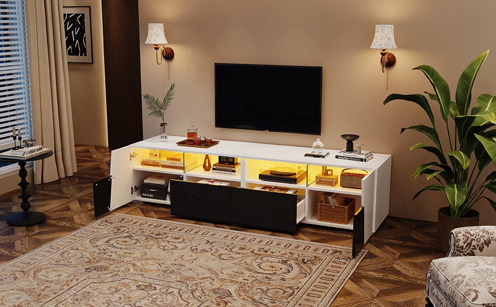 Stojak pod TV z 2 szufladami, 2 drzwiami i 2 przegrodami na telewizor 80 cali - 180 x 38,5 x 45 cm - diody LED - MDF + szkło - biały i czarny - 5