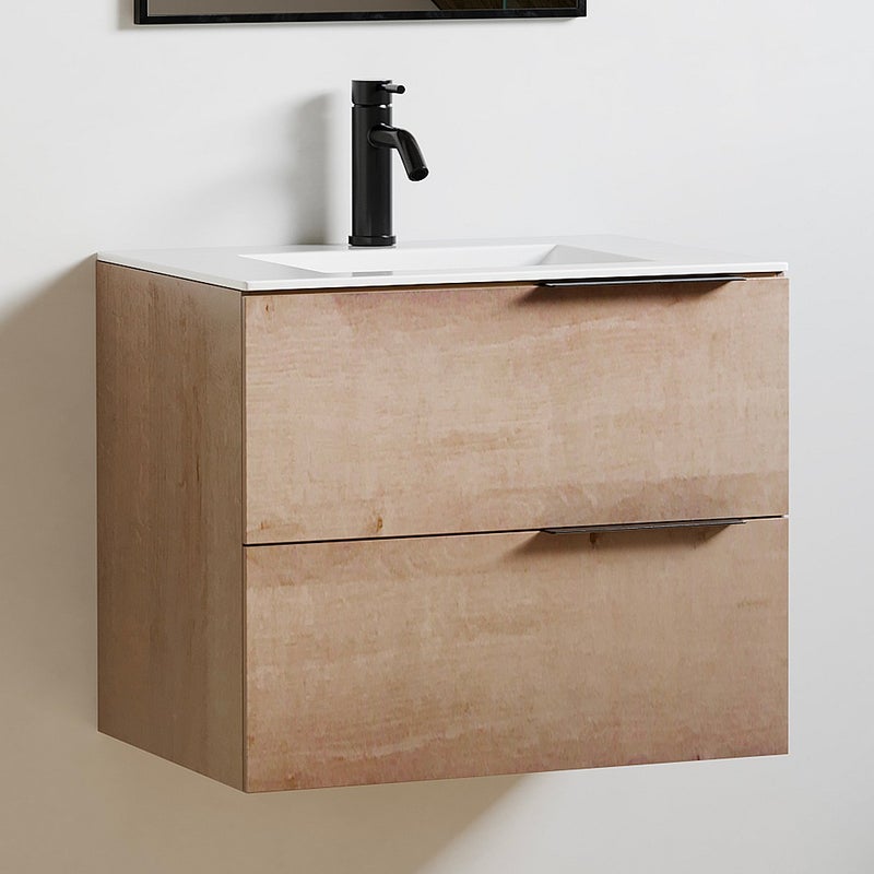 Szafka łazienkowa wisząca z umywalką do zabudowy - Jasny naturalny - 60 cm - NISAYA