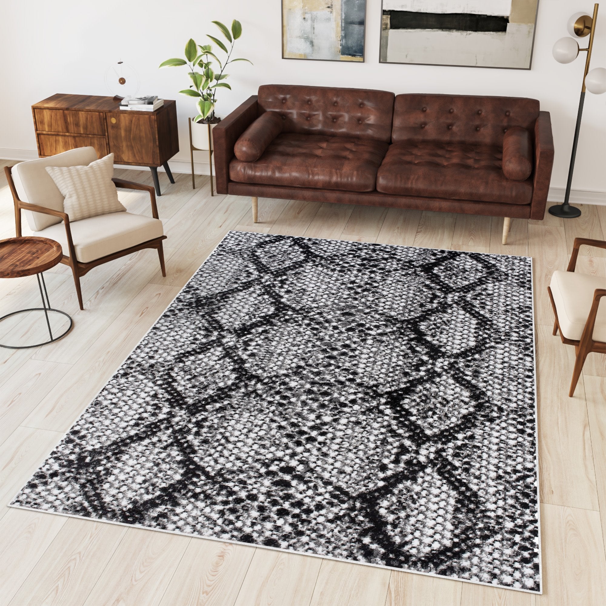 Tapiso dream alfombra salón dormitorio blanco negro serpiente moteado fina 120 x 170 cm