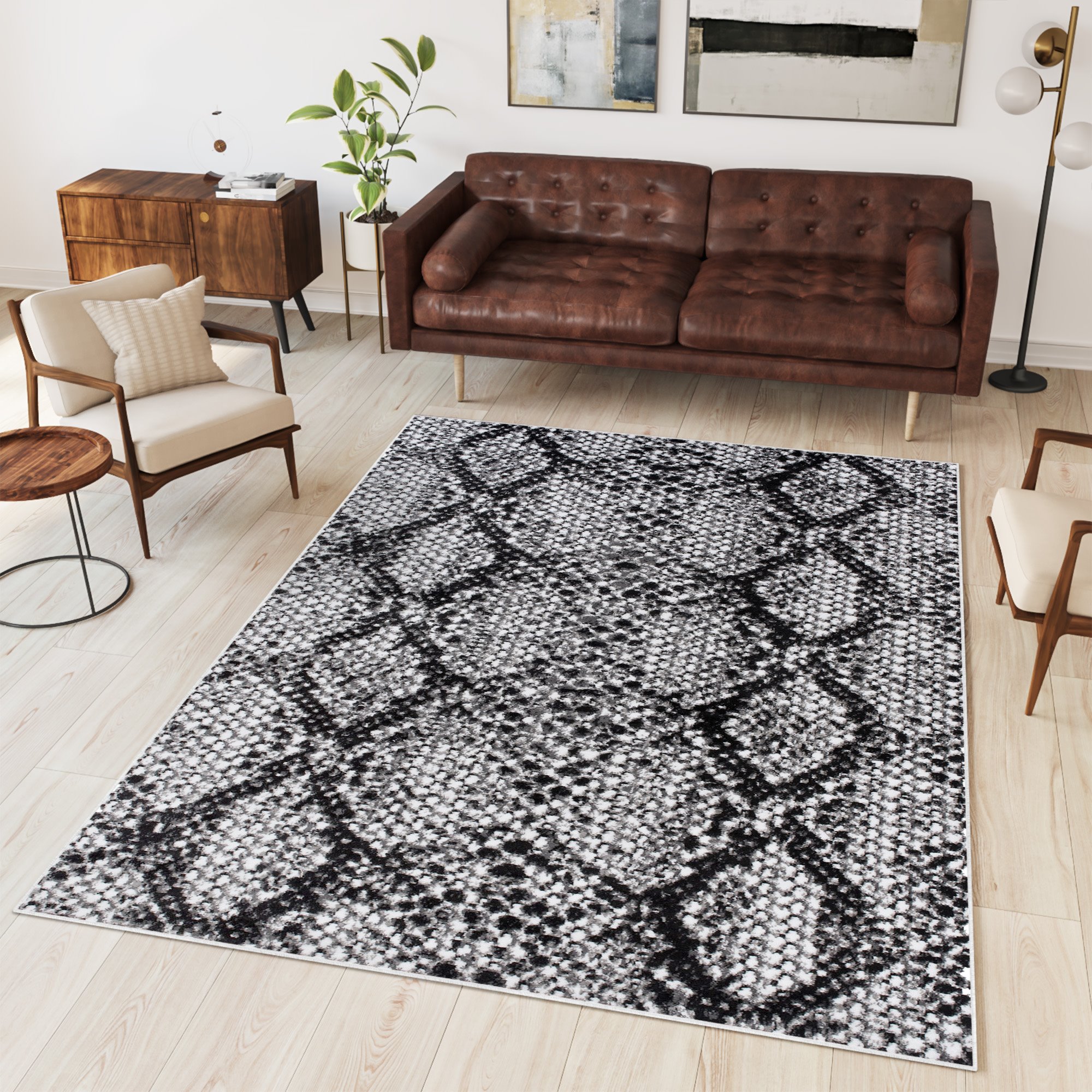 Tapiso dream alfombra salón dormitorio blanco negro serpiente moteado fina 200 x 300 cm