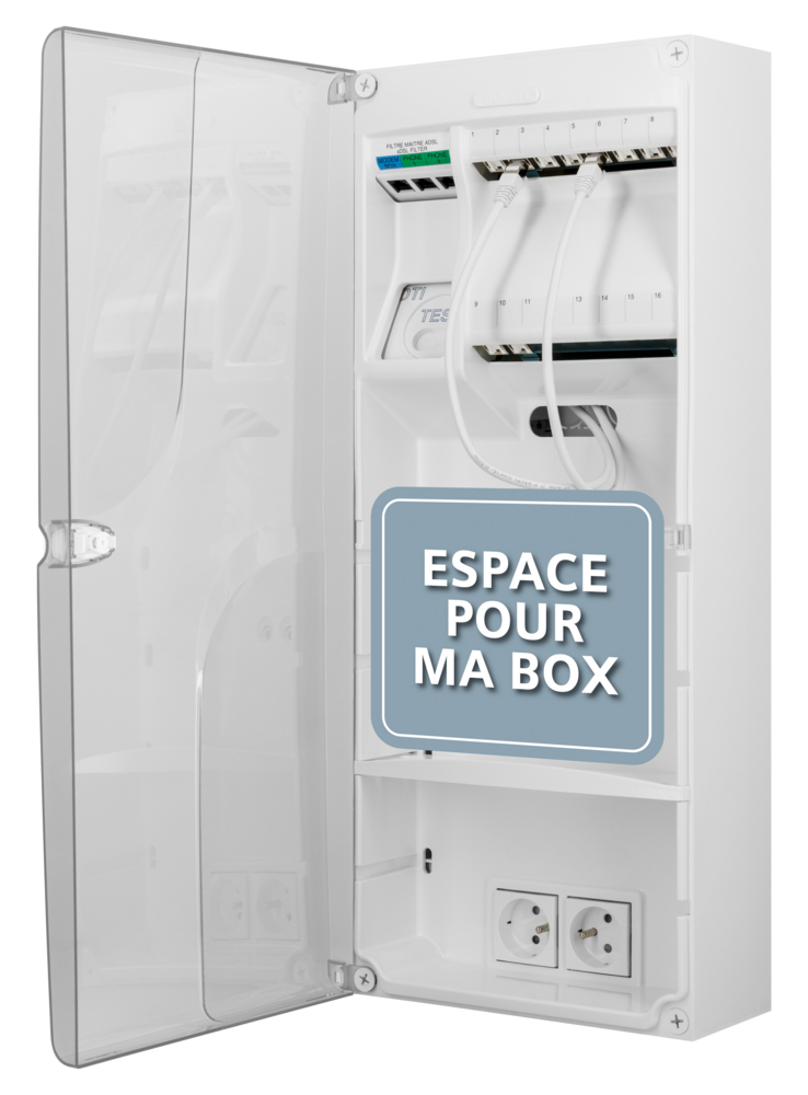 Coffret communication Siemens, grade 3 TV, 10 connecteurs RJ45 cat.6A STP, prêt FTTH, 2 prises courant, évolutif jusqu'à 16 connecteurs - 3