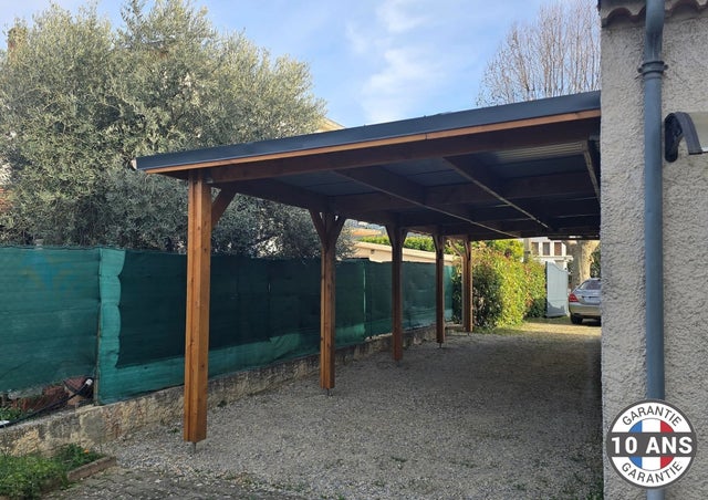 Carport Bois Douglas Français 52 m² – Toit plat adossé – 5 poteaux – Abri camping car extérieur – Garantie 10 ans