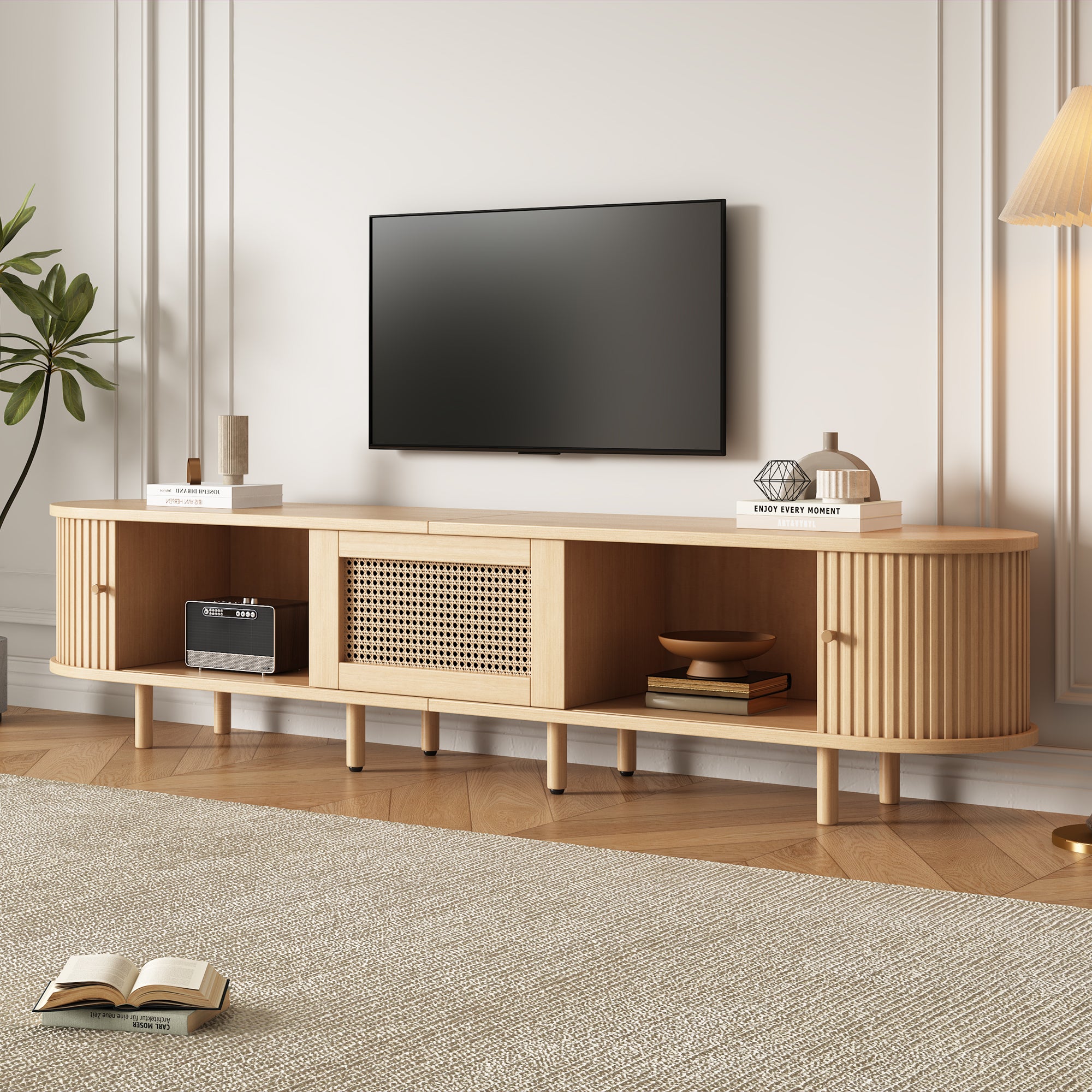 Stolik pod telewizor z 2 drzwiami przesuwnymi, 1 szufladą z efektem rattanu i regulowanymi nóżkami - MDF - 180 x 40 x 40 cm - Jasne drewno - 3