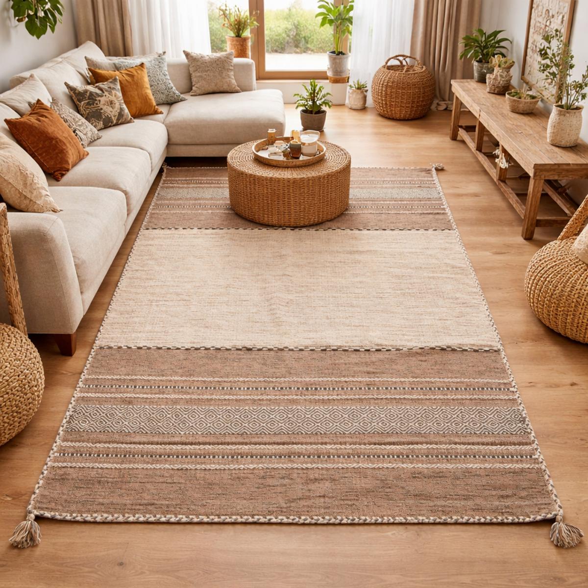 Tapis kilim 200x290 rectangle fait main en coton beige et marron - 2