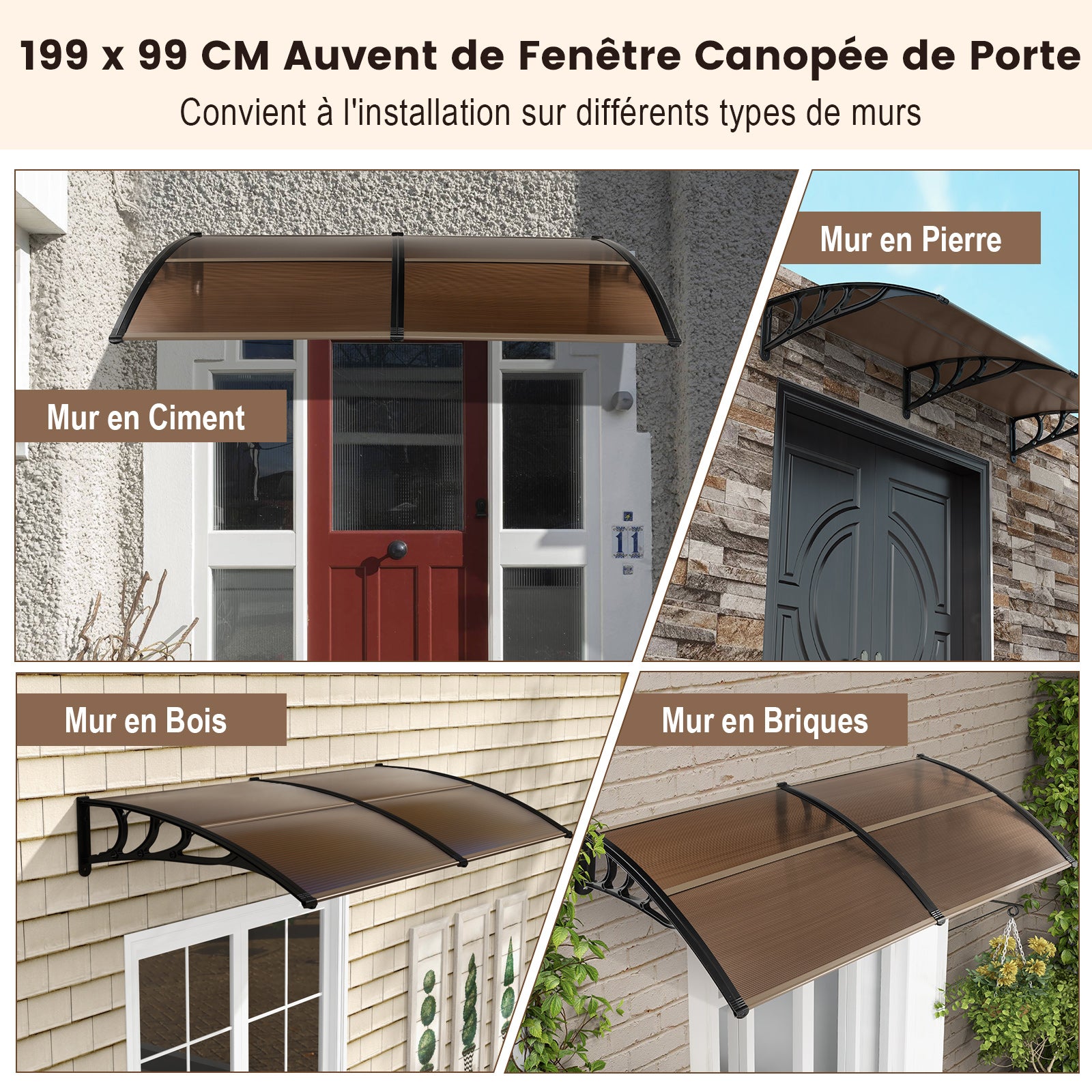 Toldo para porta de entrada 199 x 99 cm Proteção solar, marquise para porta e janela Placa em policarbonato Proteção contra chuva, castanho - 9