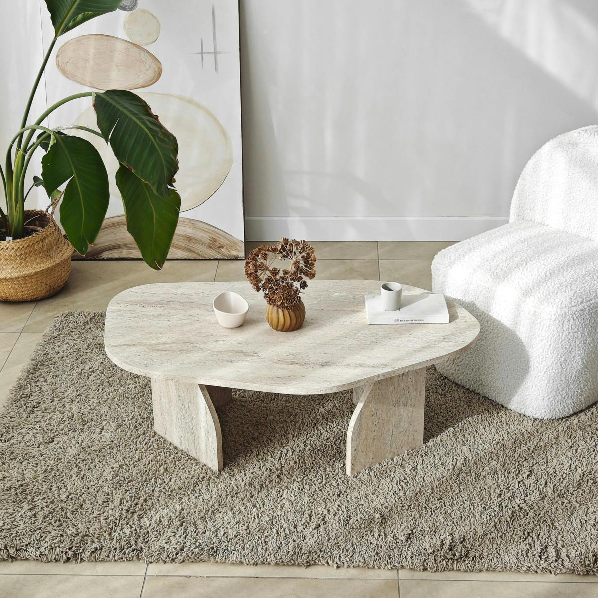 Table basse design effet travertin, forme galet MARFA - 4