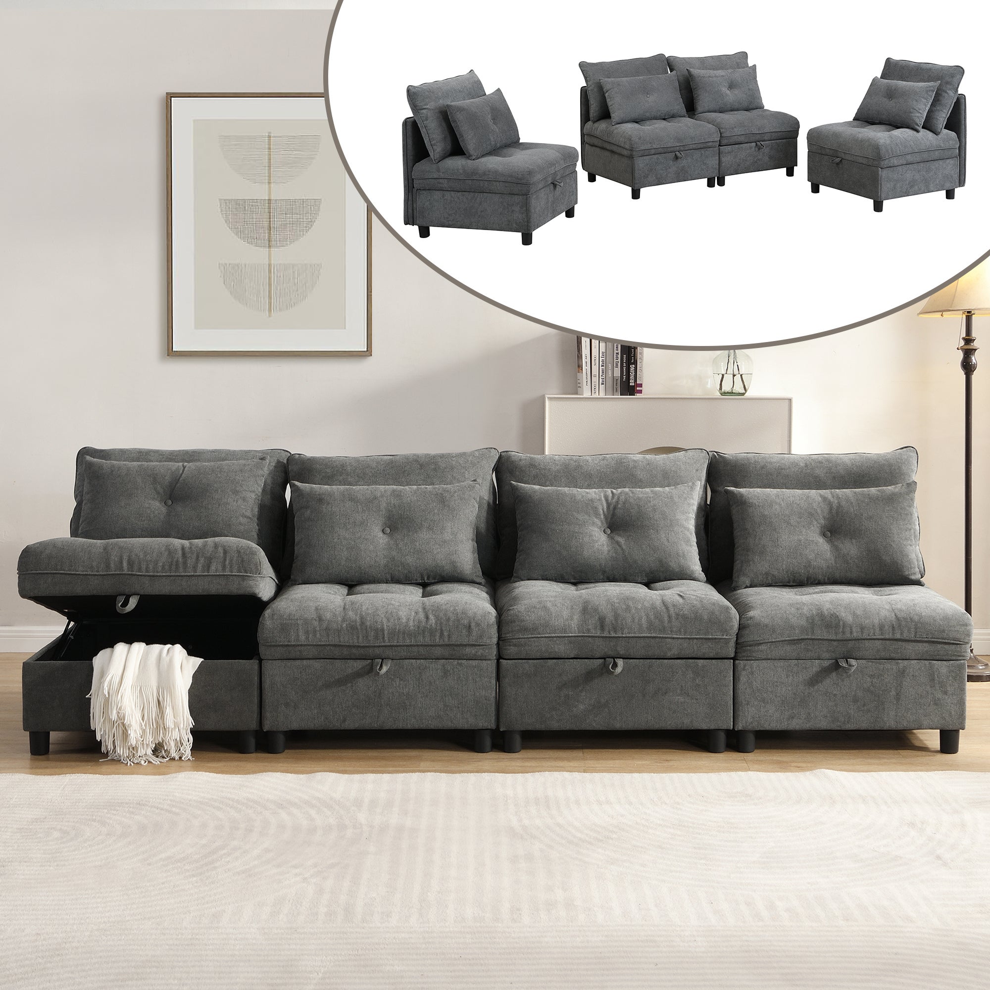Sofa modułowa 4-osobowa z pojemnikiem na pościel - 274 x 76 x 87 cm - Tkanina szenilowa i rama z litego drewna - Antyczna szarość