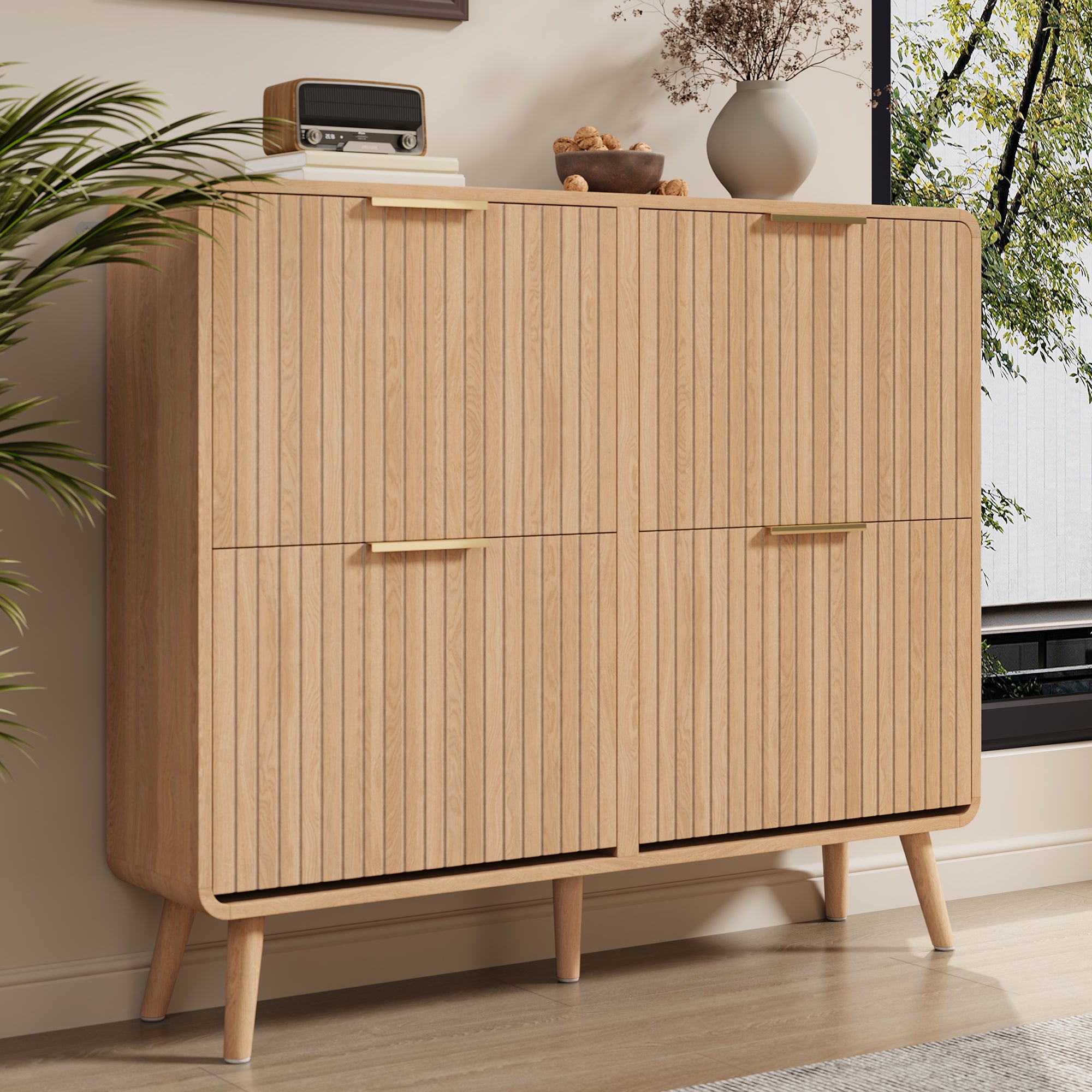 Dulap pantofi cu 4 uși rabatabile - 105 x 24 x 90 cm - Capacitate 18 până la 24 de perechi - MDF - Natural