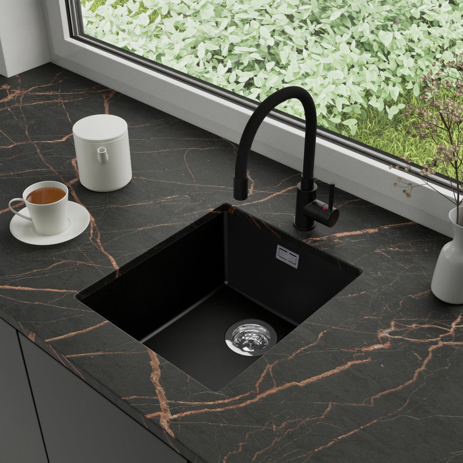 Zlewozmywak podblatowy 41x47cm, do szafki od 45cm + Bateria + Syfon - Agate Czarny STONESTYLE