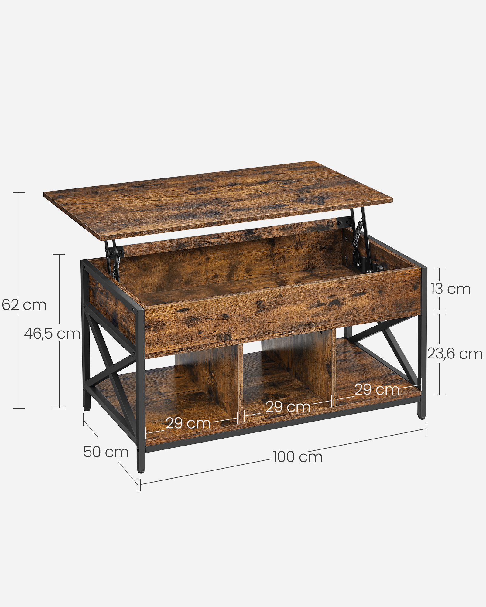 Table Basse, Relevable, Table Basse avec Rangement Caché et Compartiments Ouverts, Cadre en Acier, 50 x 100 x (46,5-62) cm, Marron Rustique et Noir - 5