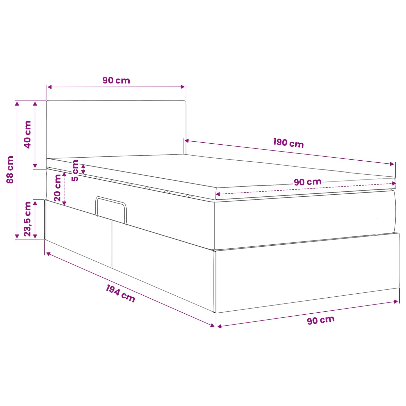 Lit de rangement avec matelas gris foncé 90 x 190 cm velours - 9