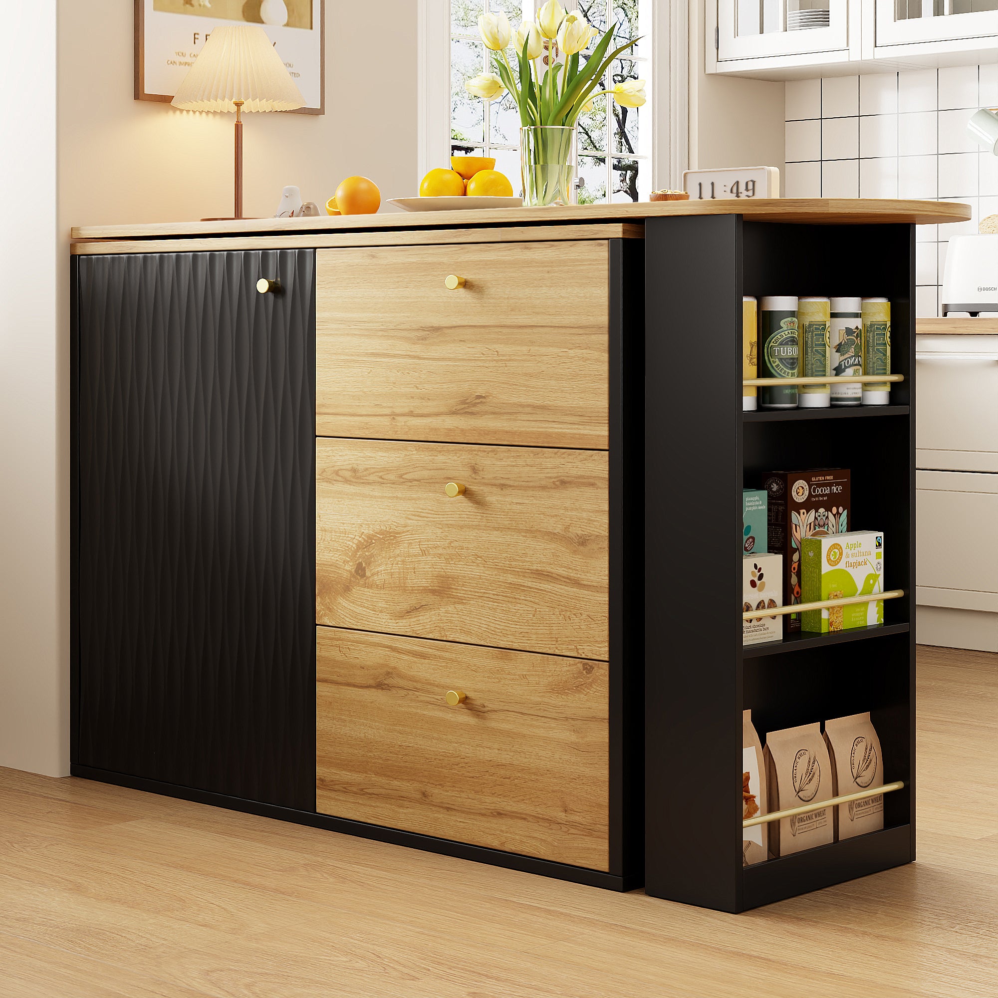 Meuble de bar pivotant 360° et escamotable - avec 3 tiroirs et 1 porte - étagères ouvertes - noir + naturel - 2