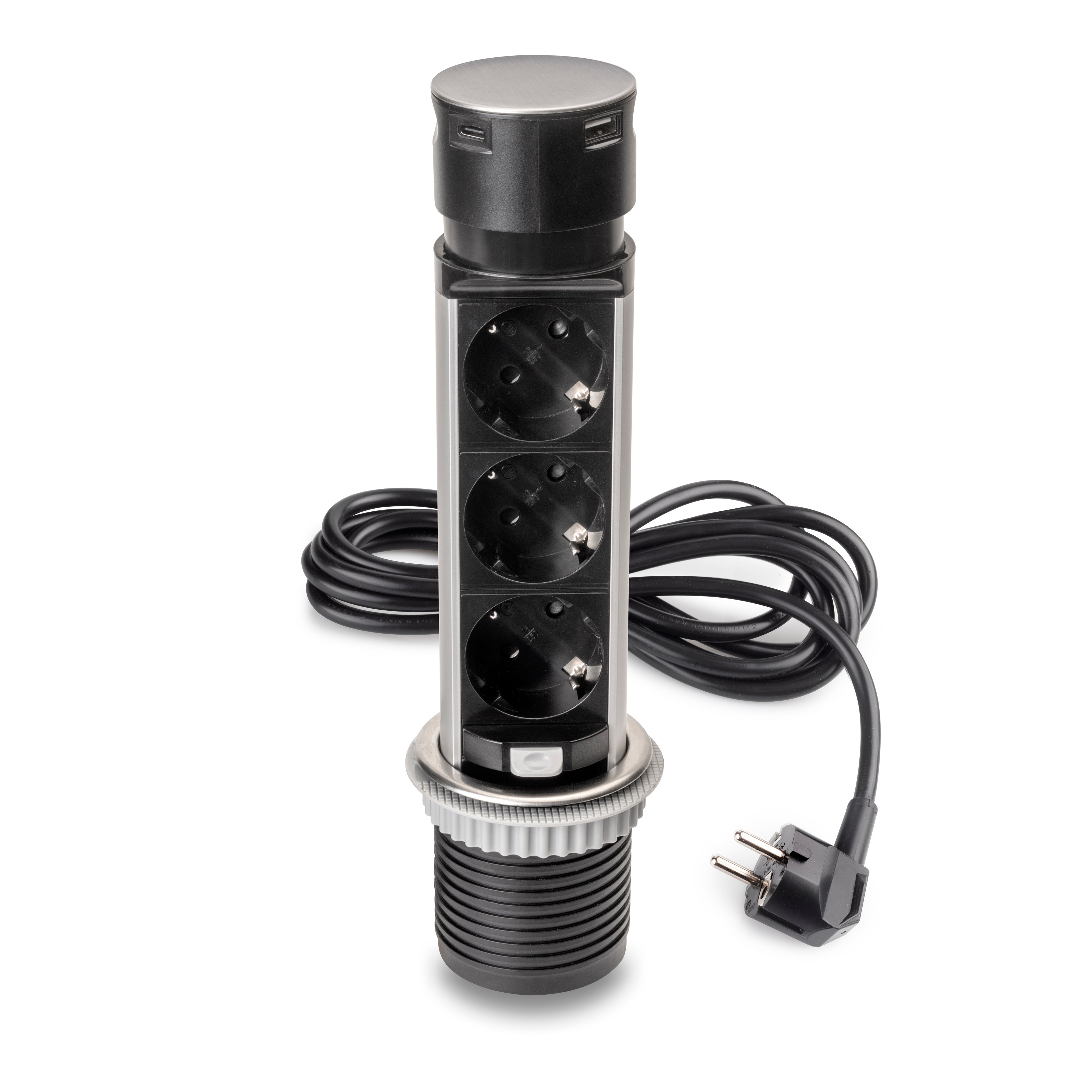 Emuca Multiconector Vertikal Push 60 amovível, diâmetro 60 mm, 3 fichas Schuko, 1 USB tipo A, 1 USB tipo C, Aço e plástico, Aço inoxidável - 2