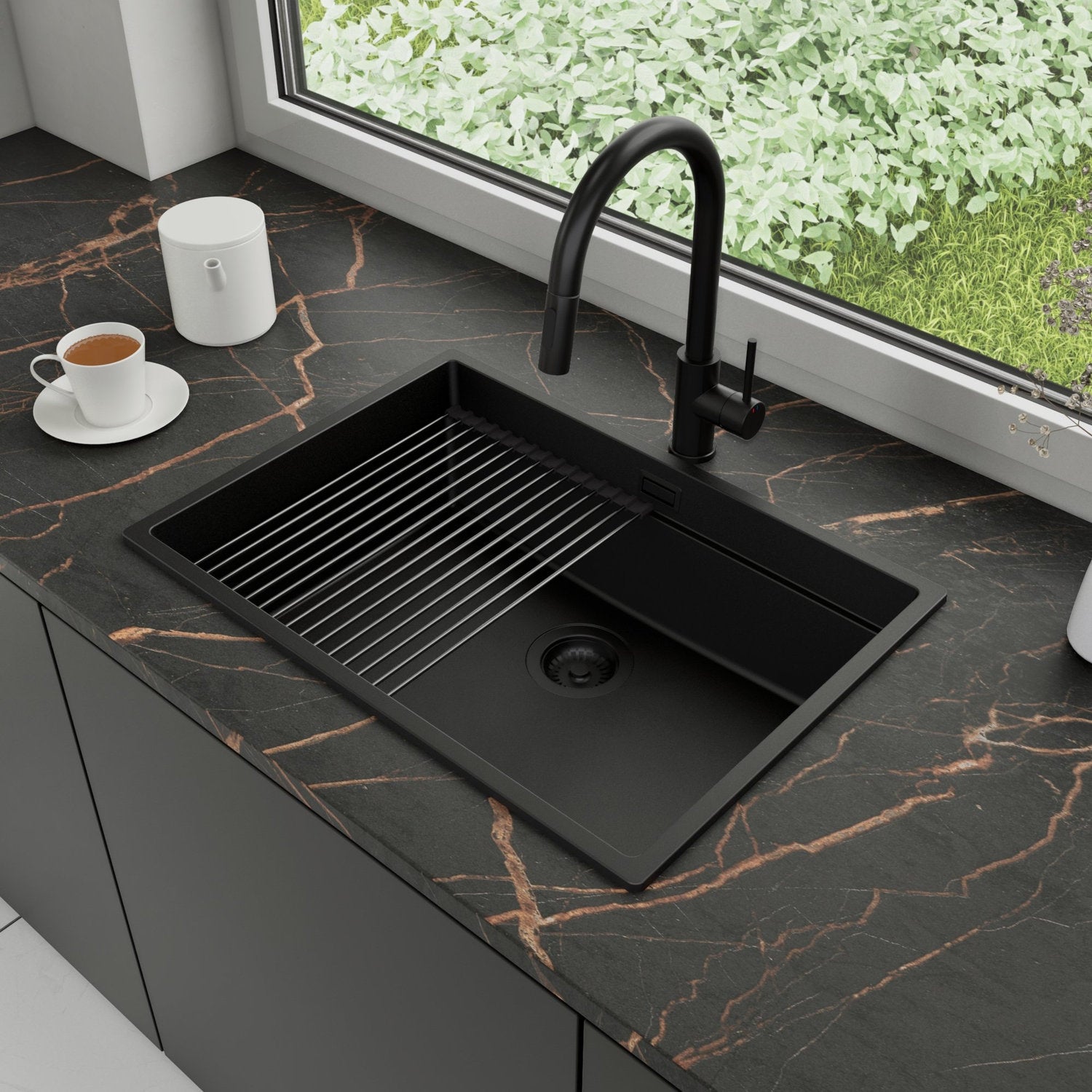 Zlewozmywak Granitowy 66x47cm, do szafki od 70cm + Bateria + Syfon + Zwijany ociekacz - Coral Cały Czarny STONESTYLE