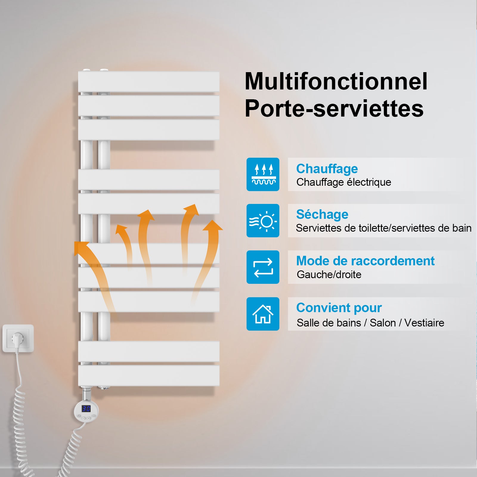 Heilmetz Sèche-Serviettes Electrique, radiateur sèche-Serviettes Plat avec Timing Elément de Electrique, Blanc, 1176x400mm, 600W - 2