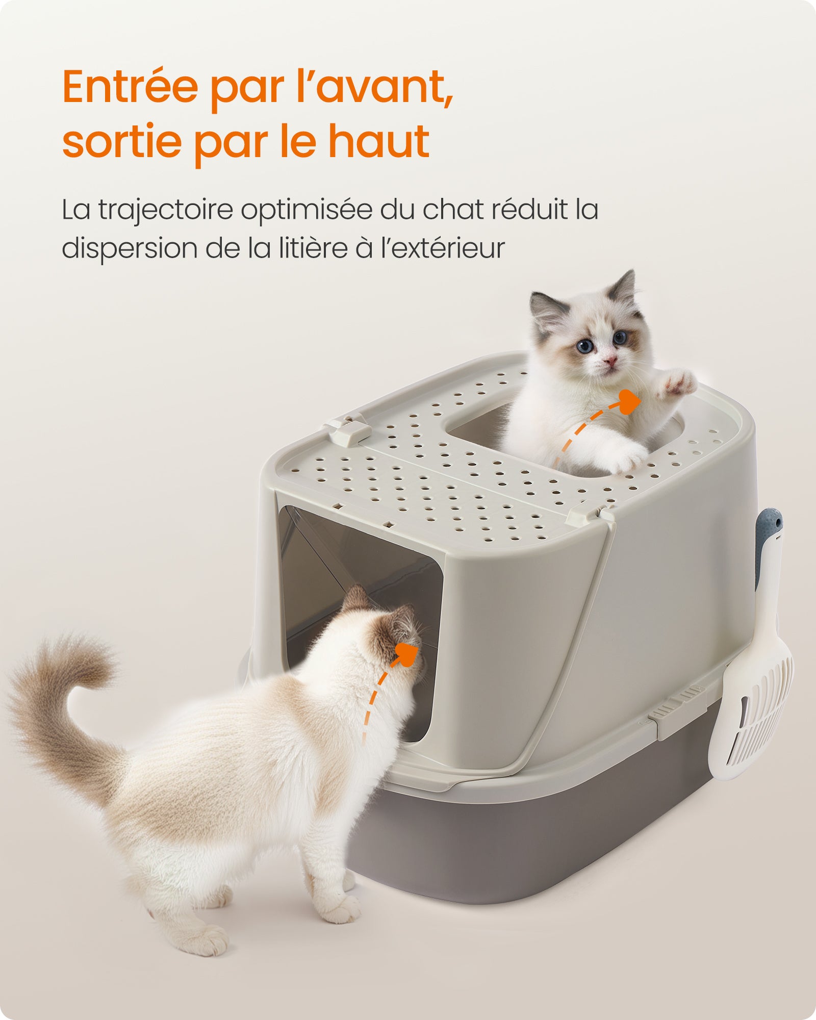 Grand Bac à Litière pour Chat, Taille XXL, Litière pour Chat avec Couvercle Basculant, avec Pelle et Brosse, pour Chats Jusqu’à 15 kg, Avoine et Gris - 7