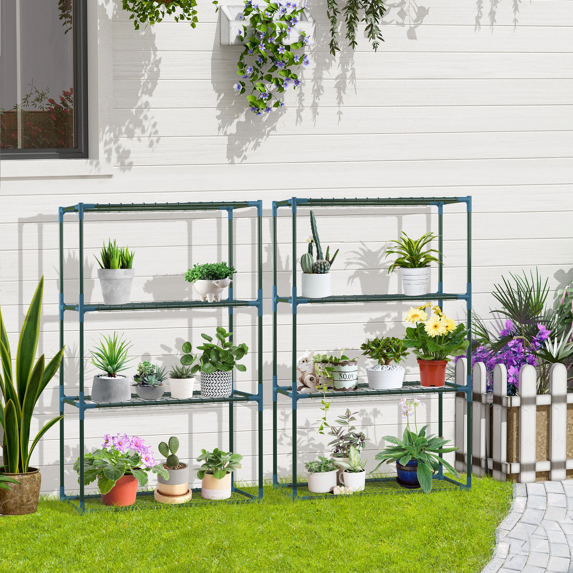 Lot de 2 Étagères à Fleurs en acier 4 Niveaux Intérieur et Extérieur. support de plantes 70 x 27 x 110 cm. vert - 3
