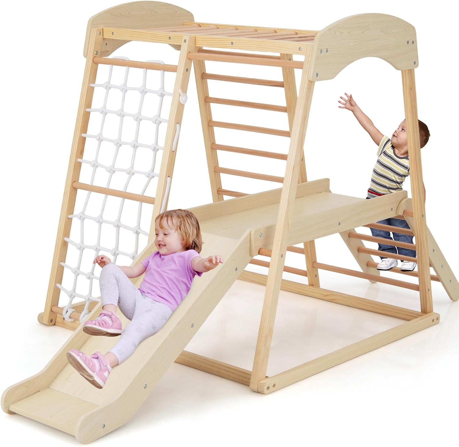 DREAMADE 6-en-1 Structure D'Escalade Intérieure En Bois – Toboggan, Corde, Échelles, Aire De Jeux Montessori Dès 1 An