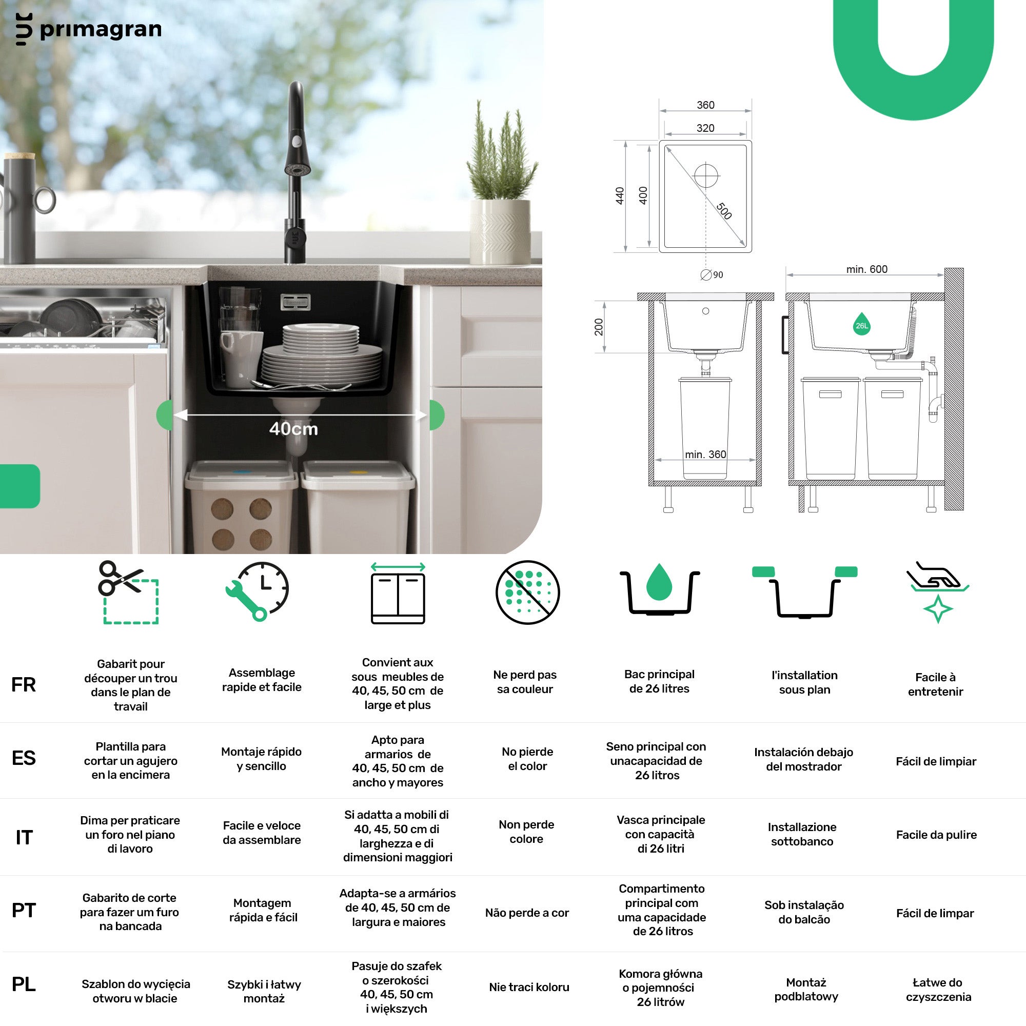 Lavandino sottotop Tutto Nero 36x44cm, Lavello in Granito a 1 vasca + Sifone Classico + Accessori, Lavabo da Cucina al mobile 40cm PRIMAGRAN - 6