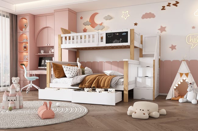 Lit superposé enfant 90×200 cm avec bureau en L, étagères, tiroirs, port USB/Type-C, échelle et sommier – Bois Certifié PEFC – Blanc Lit superposé enfant 90×200 cm avec bureau en L, étagères, tiroirs, port USB/Type-C, échelle et sommier – Bois Certifié PEFC – Blanc