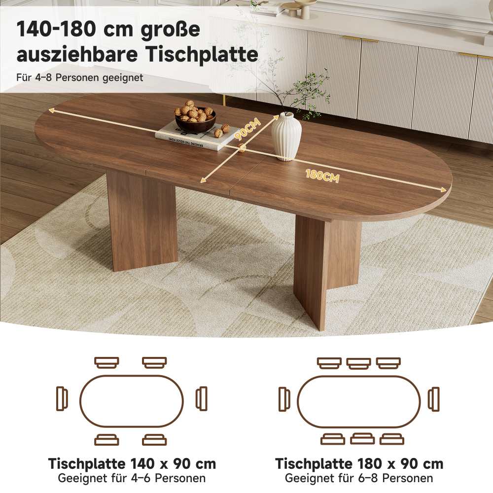Table à manger extensible 140/180 * 90 cm, pour 6-8 personnes, coins arrondis, style simple, couleur noyer.. - 6