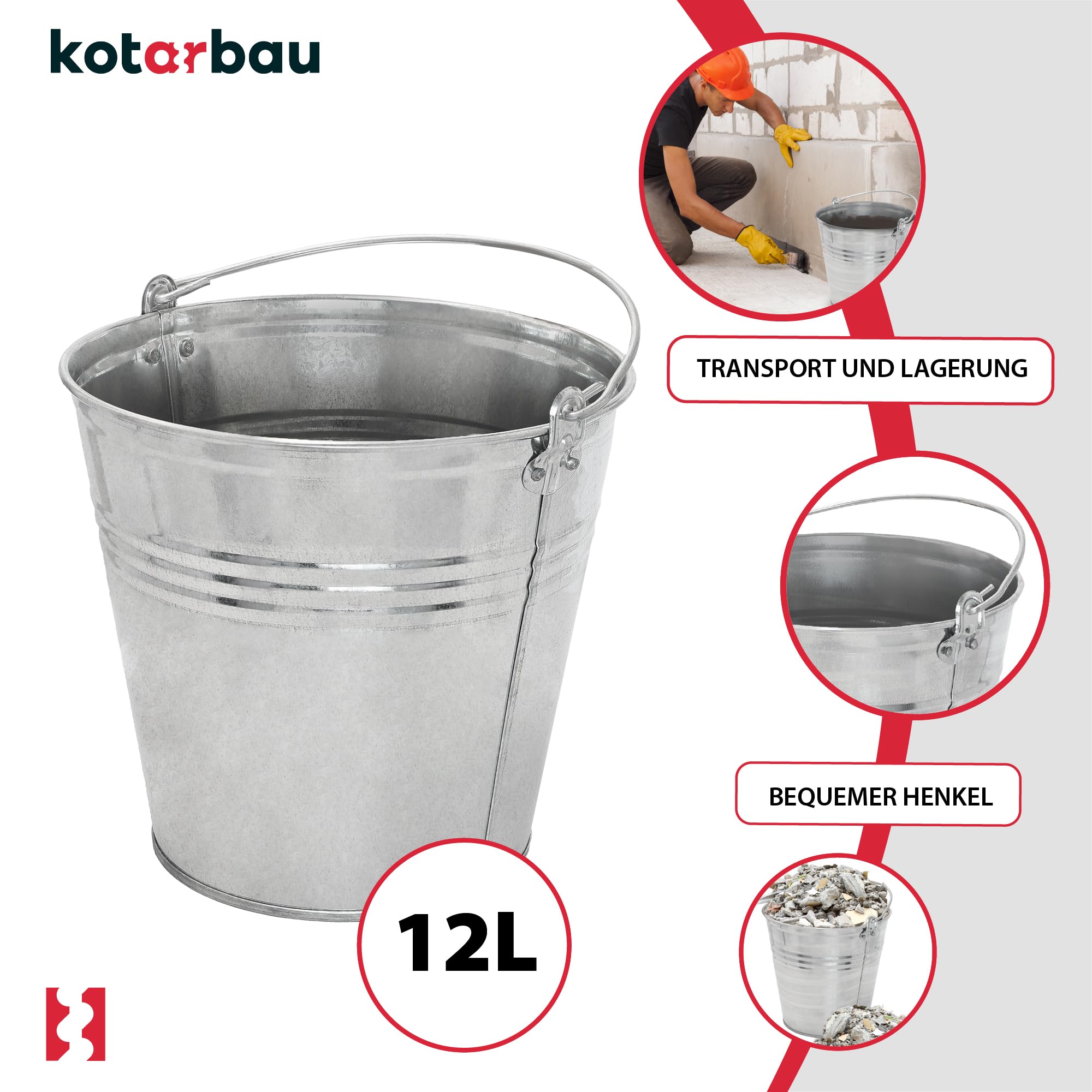 Seau à Cendre - Seau De Maçon - Acier Galvanisé - 12 L - Argent - pour le Jardinage - Résistant à la Rouille - Polyvalent KOTARBAU - 5