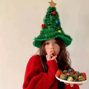 Chapeau De Sapin De Noël Lumineux Avec étoile – Bonnet Amusant En Tissu Non Tissé Pour Adultes Et Enfants (Vert Et Doré)