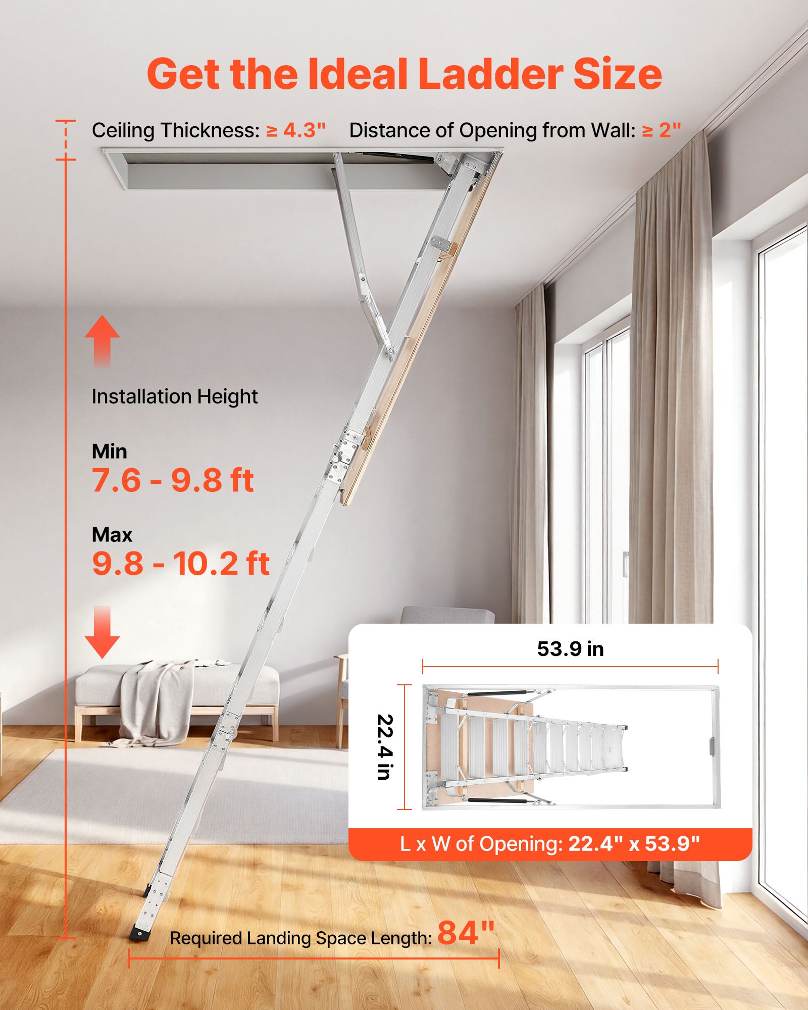 Escalier Escamotable pour Grenier VEVOR, en Alliage d'Aluminium, Échelle de Grenier Pliante, Adapté aux Hauteurs de Plafond 299-314 cm ou 233,5-299 cm - 2