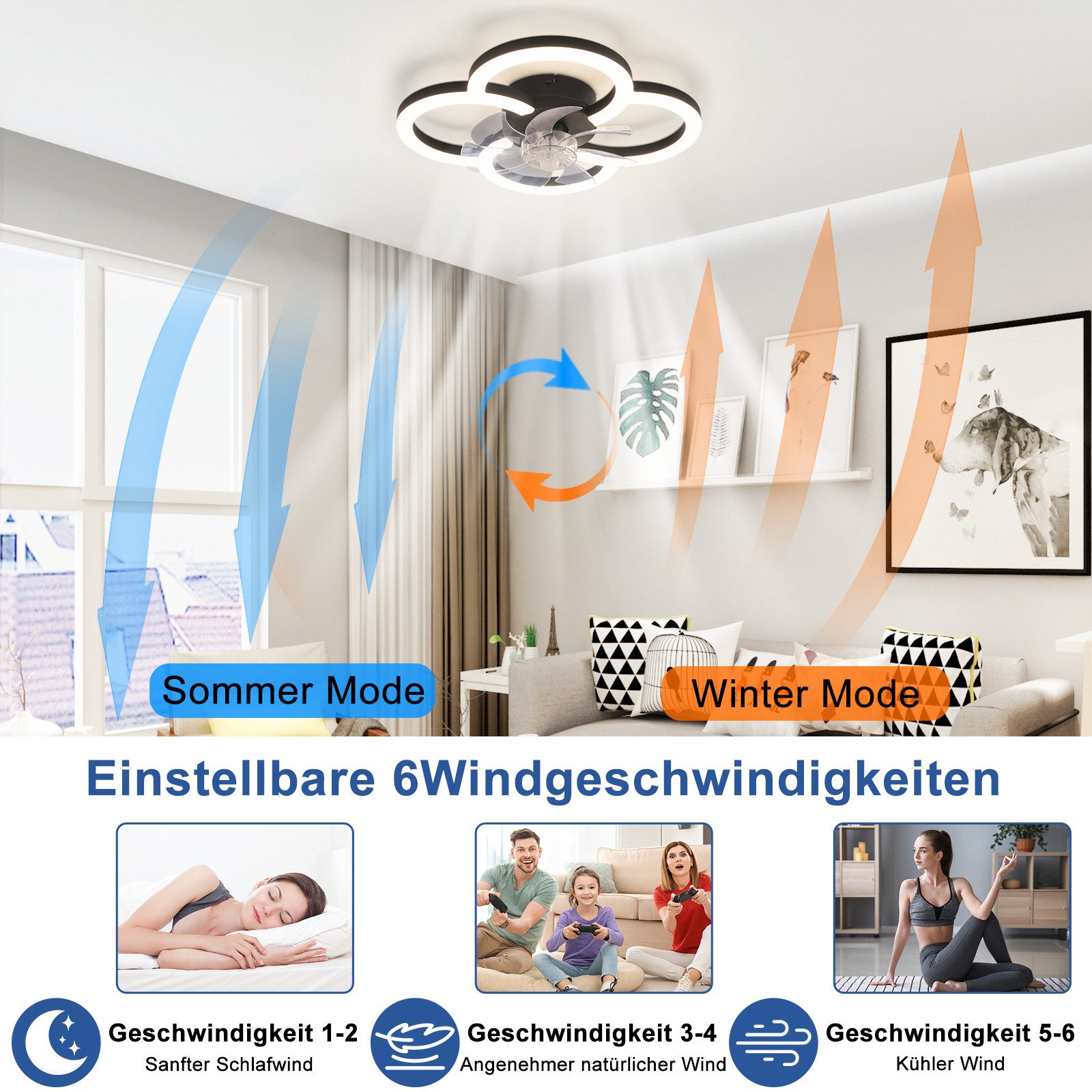 Ventilateur de plafond LED NETTLIFE avec éclairage - 40 W silencieux noir avec télécommande, variateur d'intensité, minuterie à 6 vitesses - 6