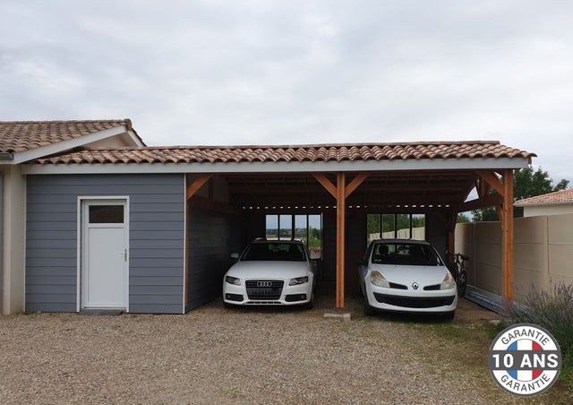 Carport Bois Douglas Français 38 m² – 2 pentes adossé – 6 poteaux – Abri voiture extérieur – Garantie 10 ans
