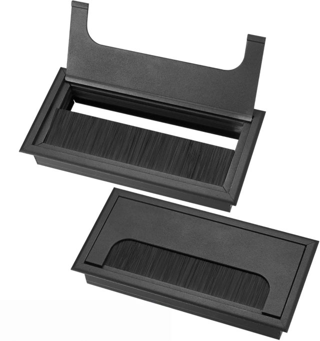 Deux chemins de câbles encastrés pour la sortie des câbles dans une installation encastrée sur bureau ; organisateur de câbles (noir, 160x80 mm).