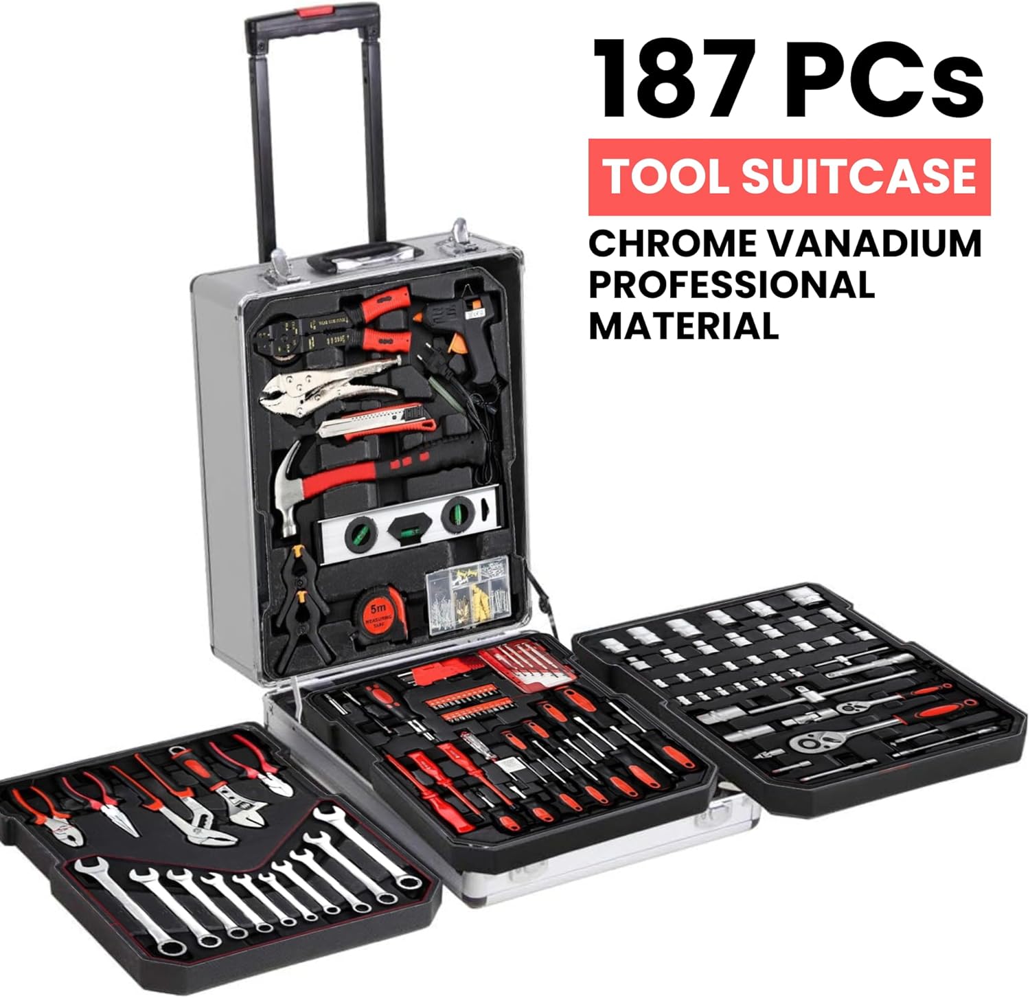 𝗠𝗮𝗹𝗹𝗲𝘁𝘁𝗲 𝗮 𝗢𝘂𝘁𝗶𝗹𝘀 𝟭𝟴𝟳 𝗣𝗖𝘀 𝗖𝗵𝗿𝗼𝗺𝗲 𝗩𝗮𝗻𝗮𝗱𝗶𝘂𝗺.Cassetta degli attrezzi completa con ruote in alluminio impermeabili. - 3