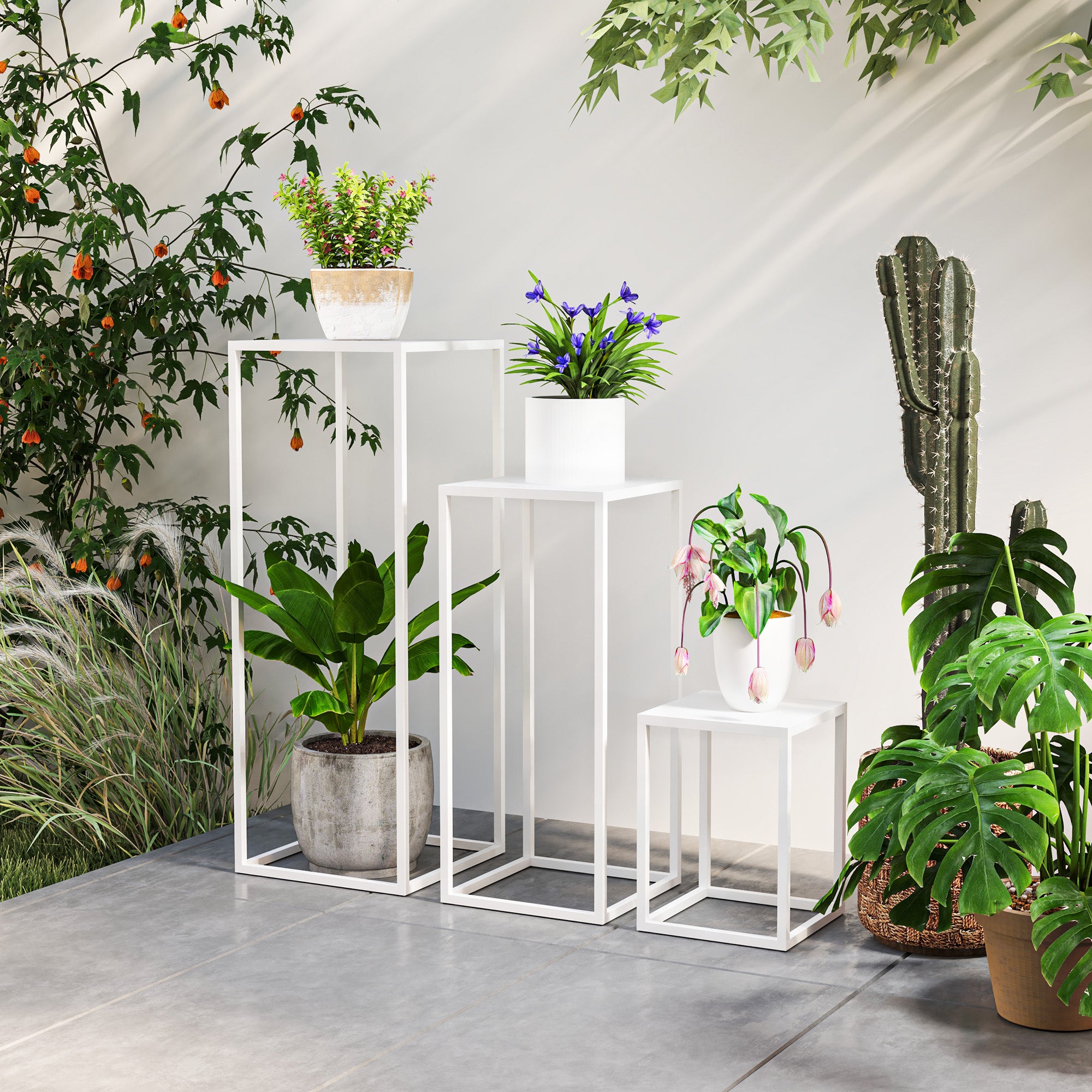 Ensemble de 3 supports à plantes carrés en métal, empilables, intérieur extérieur, jardin, balcon, maison, blancs - 7