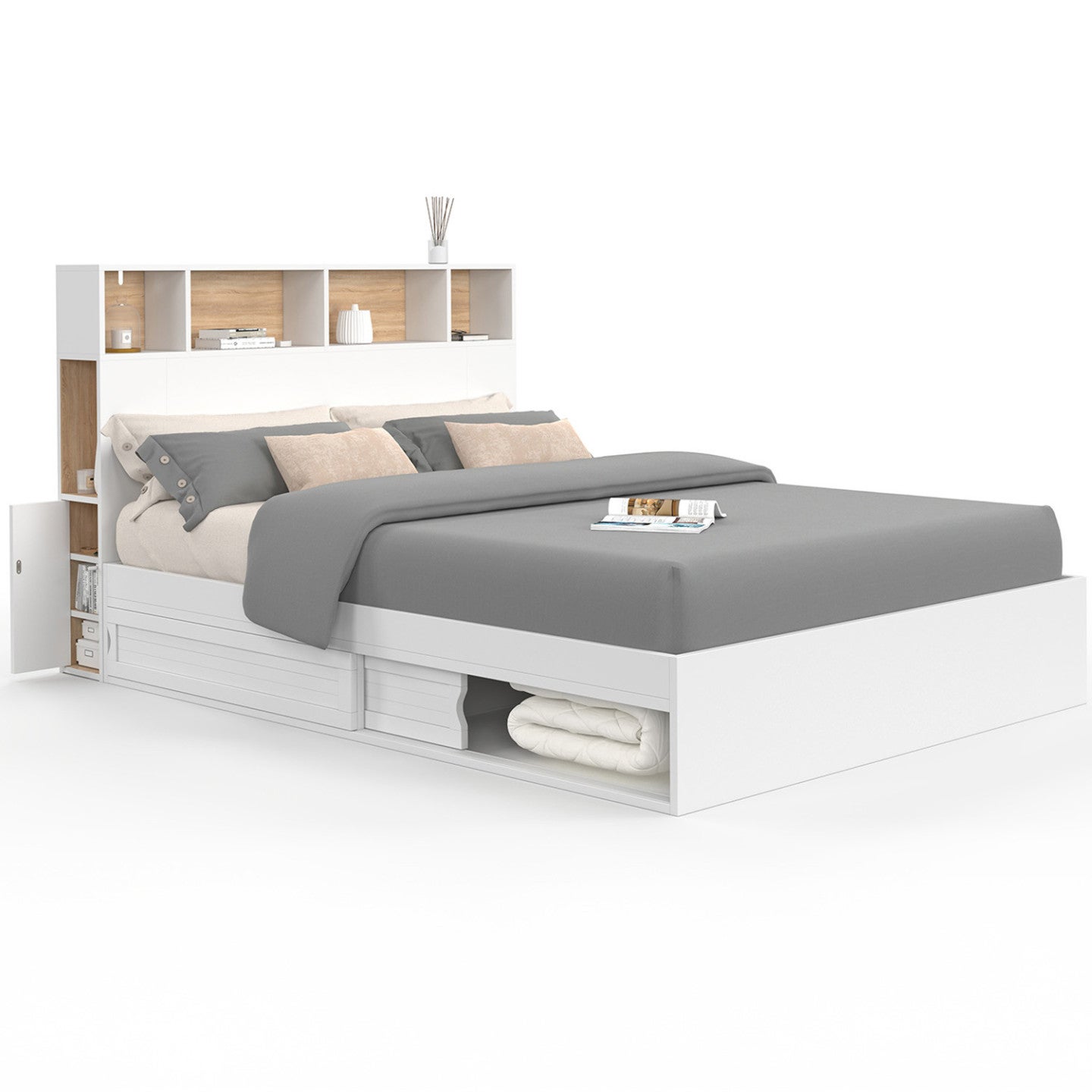 Lit double CLEM avec tête de lit, rangements et sommier 140 x 190 cm blanc - 2