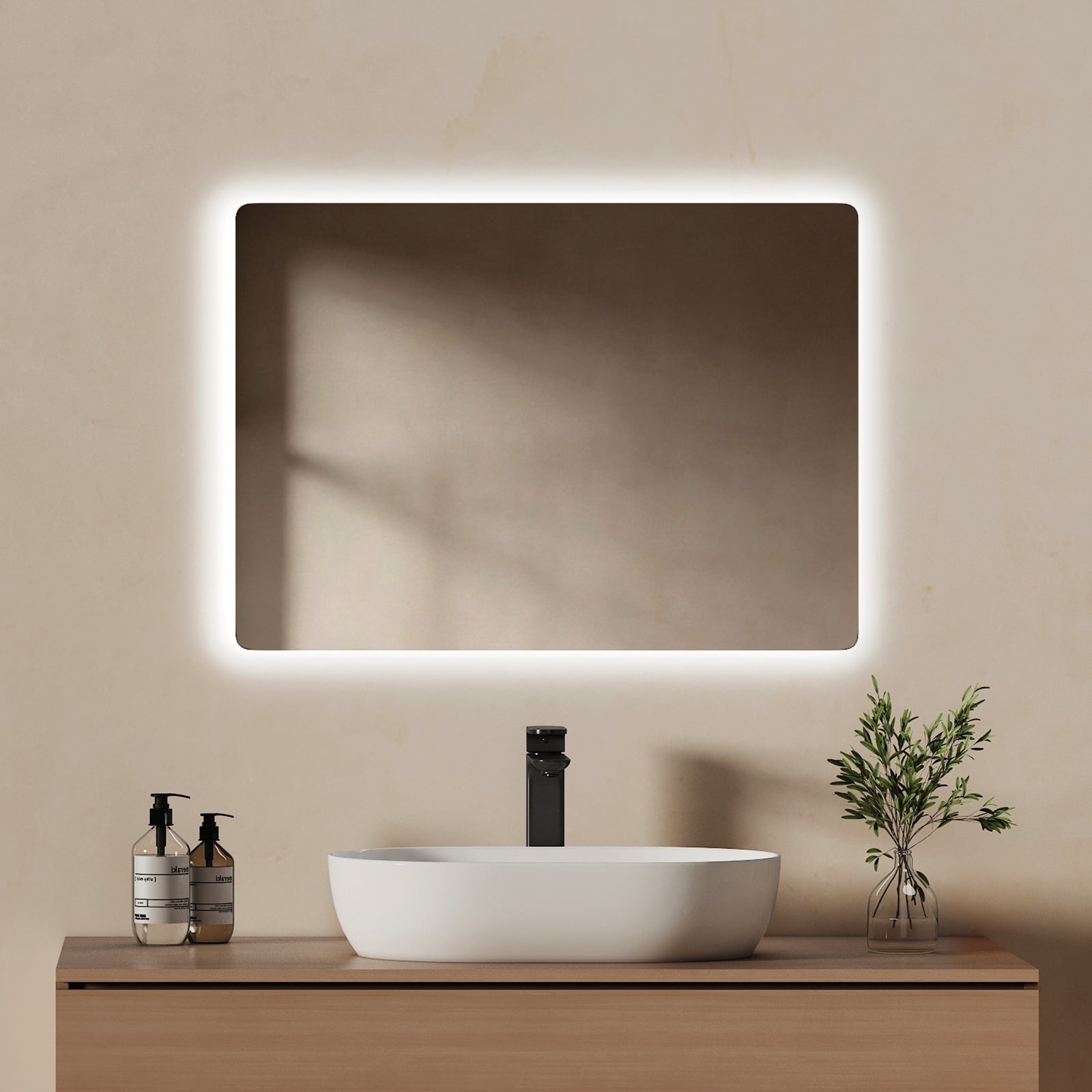 EMKE Lustro łazienkowe z oświetleniem LED 80x60 cm, z 6500K, funkcja pamięci, IP44, Przełącznik ścienny (brak w zestawie)