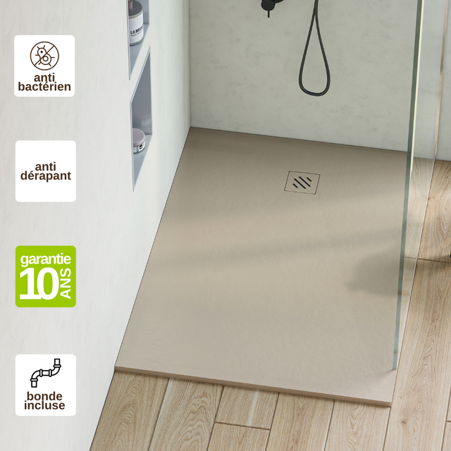 Receveur de Douche 90x120cm extra-plat Beige en résine minérale antidérapant effet pierre naturelle - Minimo RÉSIGRÈS