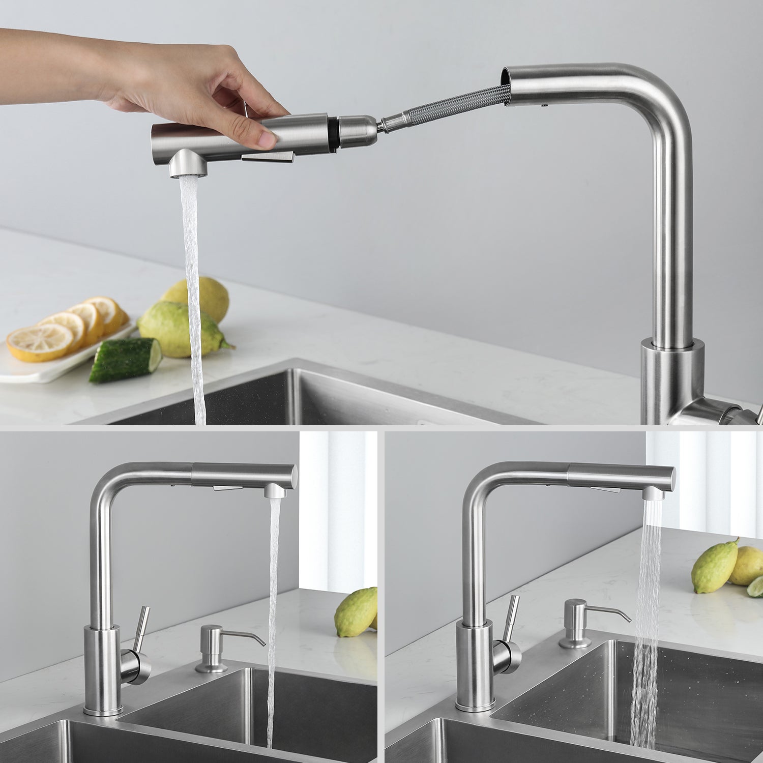 Cecipa max Évier Cuisine 1 Bac 40 × 45 cm Évier Inox Brossé 1 Cuve + Mitigeur Cuisine Brossé avec Douchette Extractible - 2 Jets aux Choix - 7