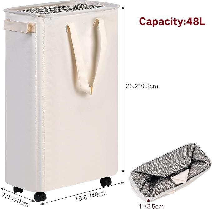 Panier à linge fin à roulettes, petit panier à linge roulant pour vêtements, idéal pour la chambre, la résidence étudiante et la buanderie, 48 L - 2