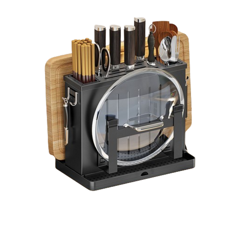 Organizer na noże, wielofunkcyjna półka kuchenna, stal nierdzewna 304, model blatowy, z uchwytem na pokrywkę, 30*26,3*16 cm, czarny