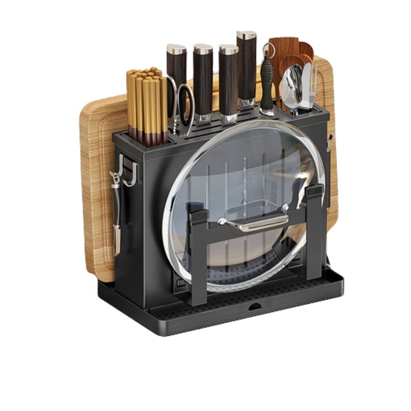 Organizer na noże, wielofunkcyjna półka kuchenna, stal nierdzewna 304, model blatowy, z uchwytem na pokrywkę, 30*26,3*16 cm, czarny